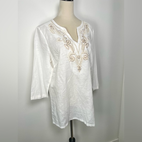 Saint Tropez Linen Top Tunic Size L White 3/4 sleeve Embroidery - Picture 4 of 8